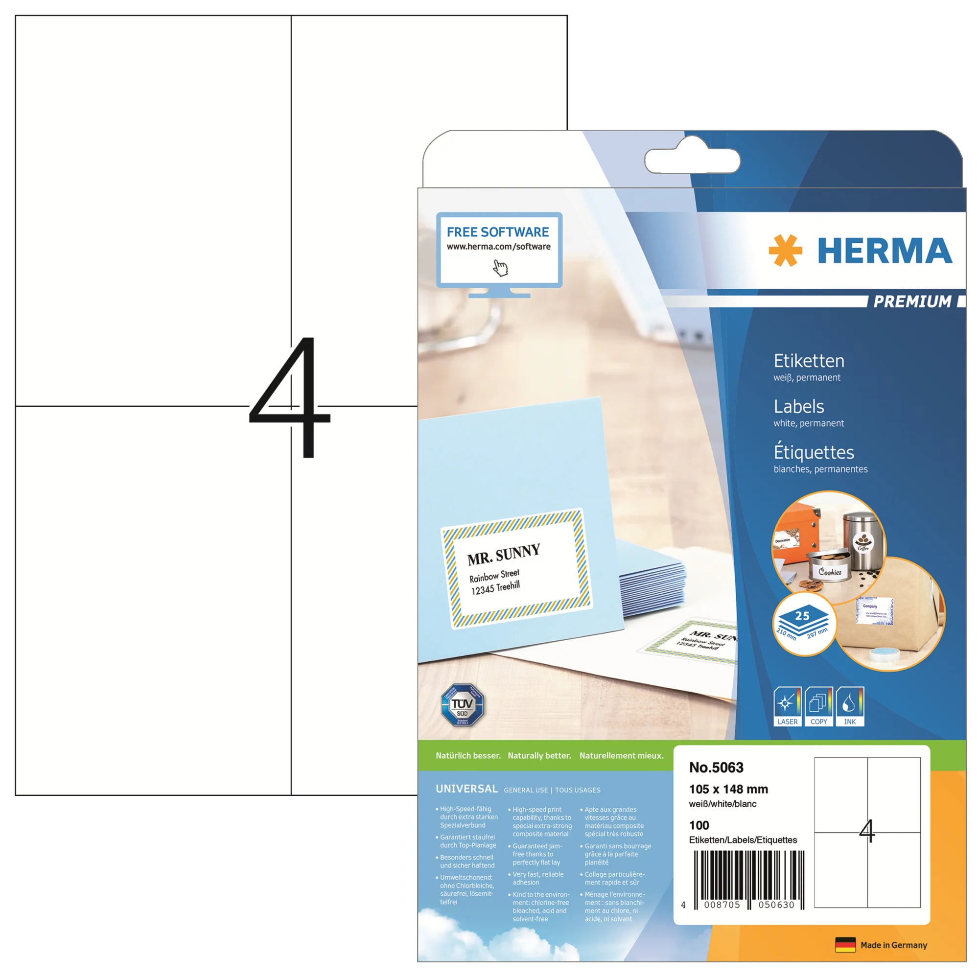 HERMA Universal-Etiketten PREMIUM, 105 x 148 mm, weiß (EAN: 4008705050630)
