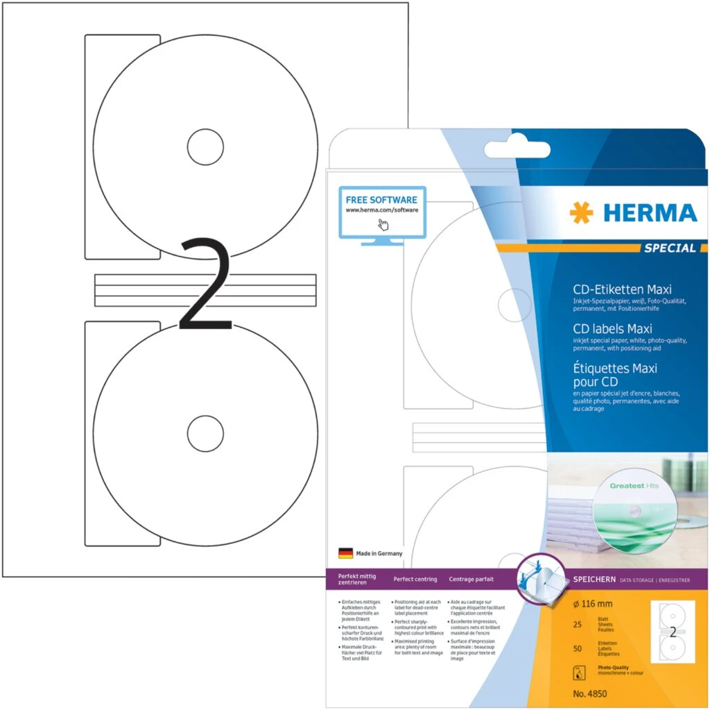 HERMA Inkjet CD/DVD-Etiketten SPECIAL Maxi, Durchm: 116 mm (EAN: 4008705048507)
