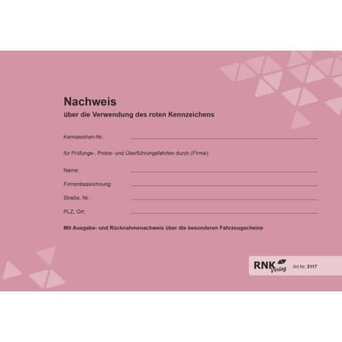 RNK Verlag Nachweisheft für rote Kennzeichen, DIN A5 quer (EAN: 4002871311700)