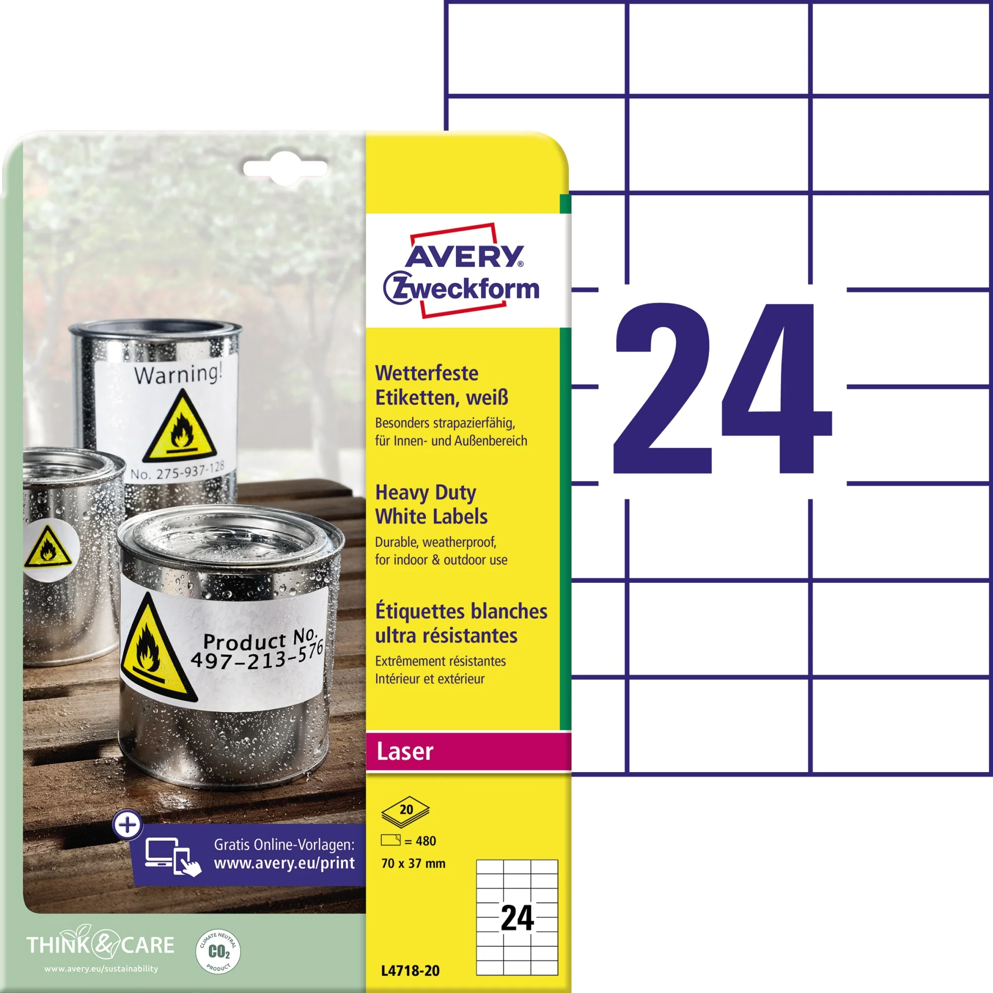 AVERY Zweckform wetterfeste Etiketten, 70 x 37 mm, weiß (EAN: 4004182049778)