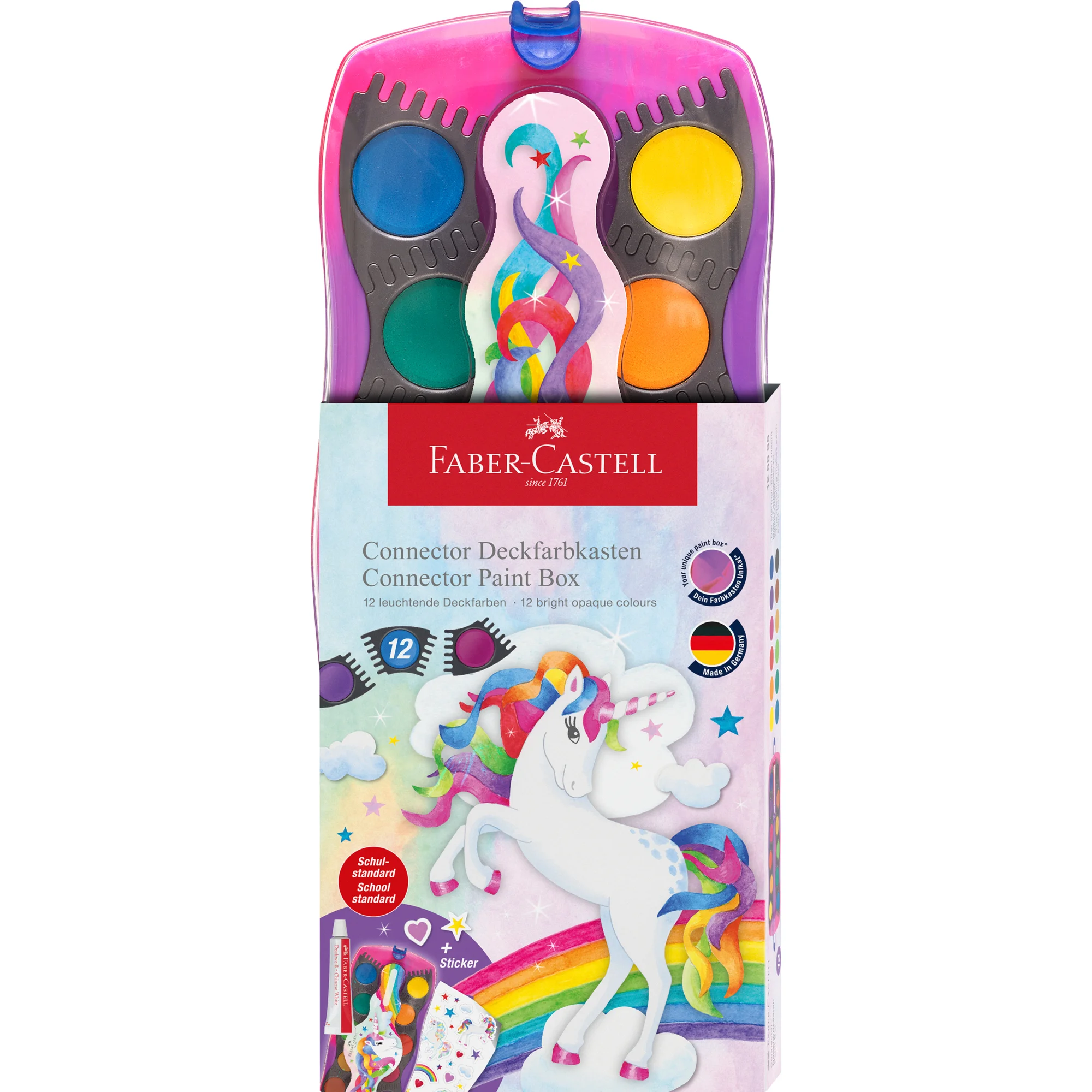 FABER-CASTELL Deckfarbkasten CONNECTOR Einhorn, 12 Farben (EAN: 4005401250357)