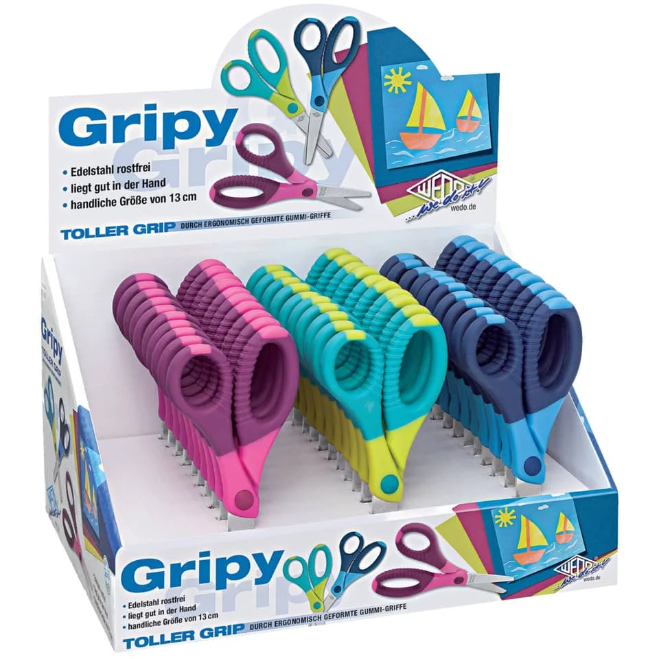 WEDO Bastelschere Gripy, rund, Länge: 130 mm, 30er Display, blau, pink & türkis (EAN: 4003801858685)