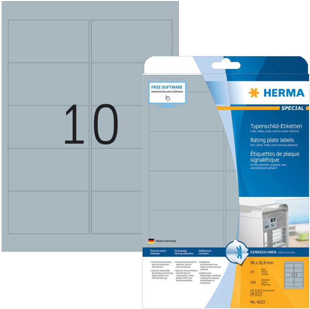 HERMA Typenschild-Etiketten SPECIAL, 96 x 50,8 mm, silber (EAN: 4008705042239)