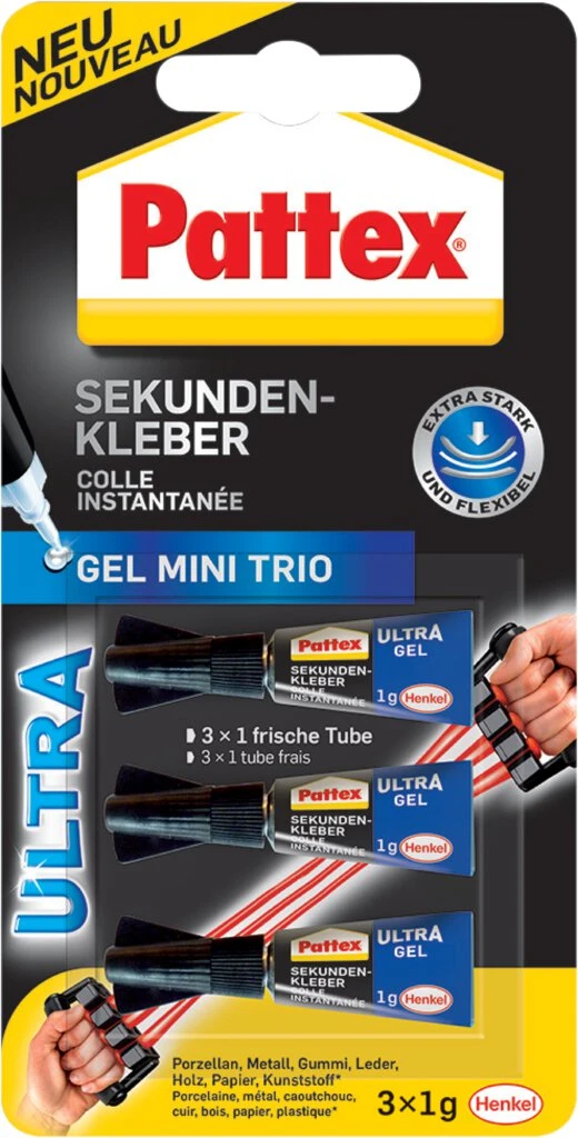 Pattex Sekundenkleber Ultra Gel MINI TRIO, 3 Tuben à 1 g (EAN: 4015000429207)