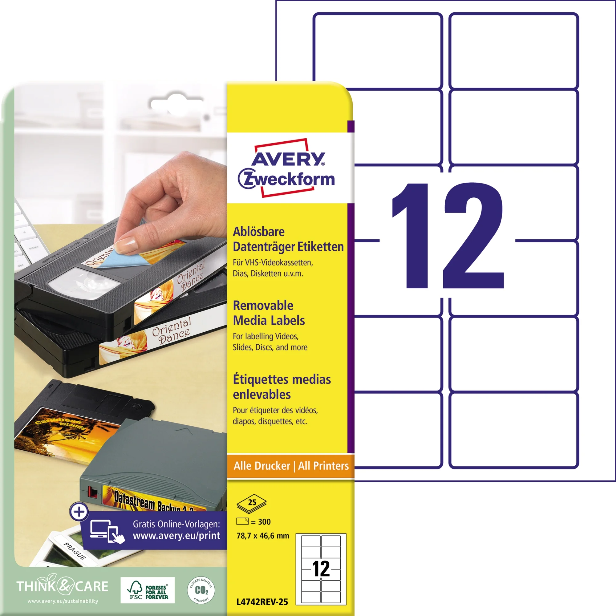 AVERY Zweckform Stick+Lift Etiketten, 78,7 x 46,6 mm, weiß (EAN: 4004182047422)