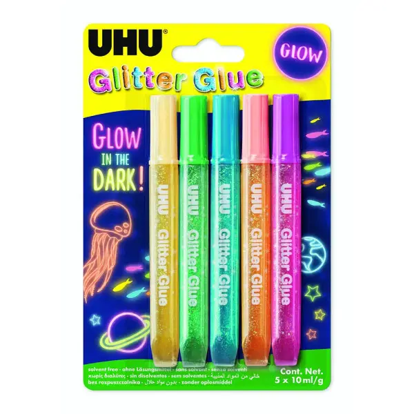 UHU Glitzerkleber Glitter Glue "GLOW IN THE DARK", 5 x 10 ml, gelb, grün, blau, rosa, lila (EAN: 4026700482102)