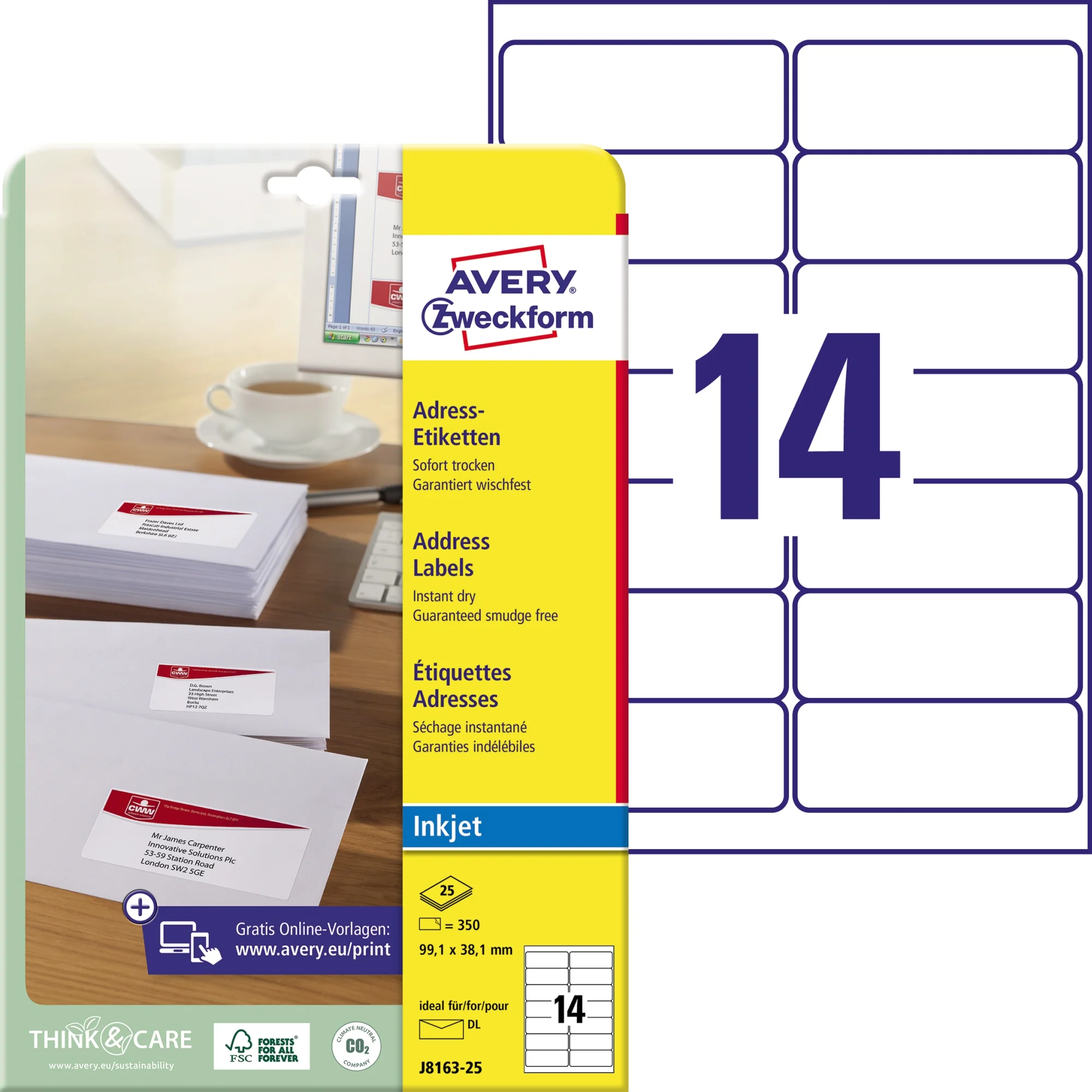AVERY Zweckform Inkjet Adress-Etiketten, 99,1 x 38,1 mm (EAN: 4004182235300)