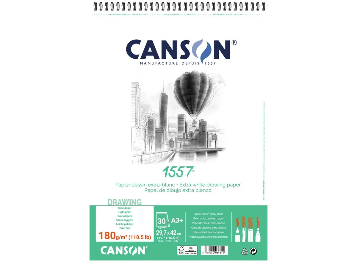 CANSON Zeichenpapierblock 1557, DIN A3, 180 g/qm, 30 Blatt, reinweiß (EAN: 3148950034311)