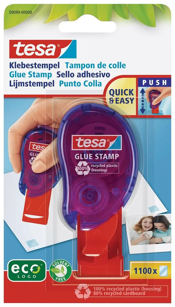 tesa ecoLogo Klebestempel, 1.100 Klebepads, blau-transluzent (EAN: 4042448366498)