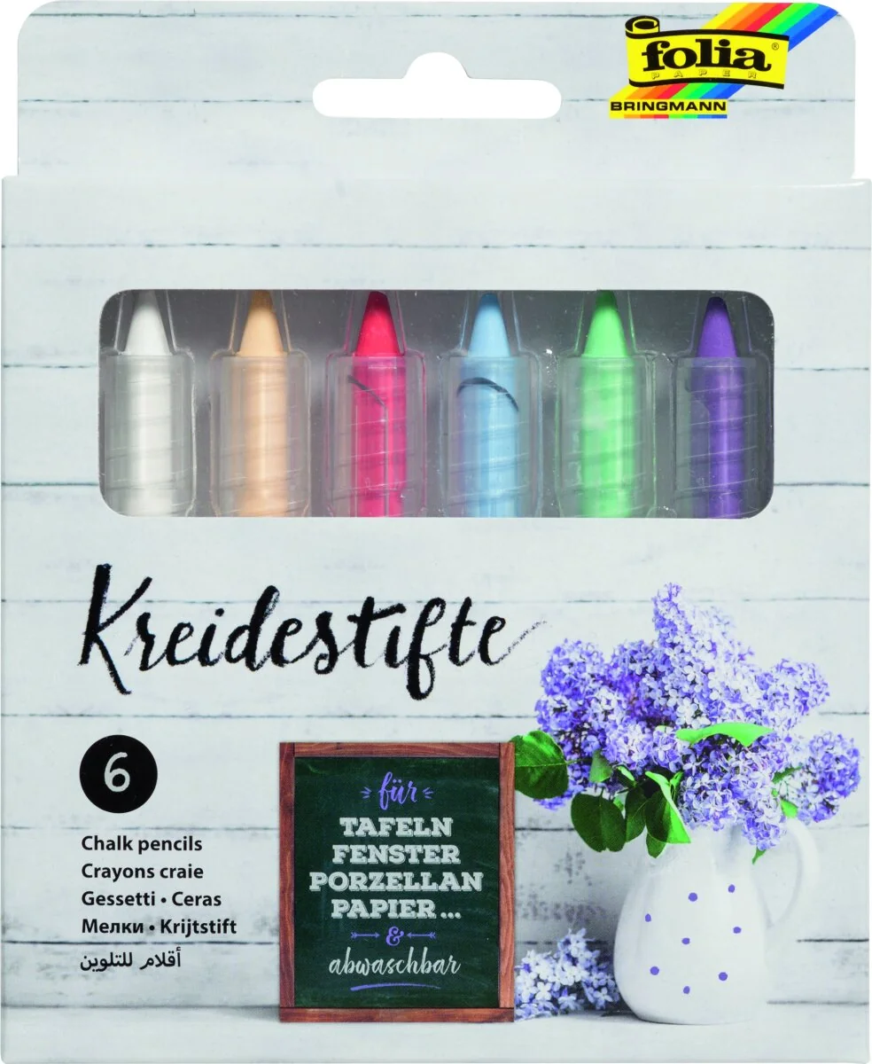 folia Kreidestifte-Set, farbig sortiert, 6er Etui, weiß, gelb, rot, hellblau, hellgrün, lila (EAN: 4001868102260)