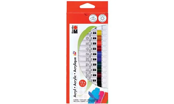 Marabu Acrylfarbe, 12 ml, 12er-Set, farbig sortiert (EAN: 4007751607256)