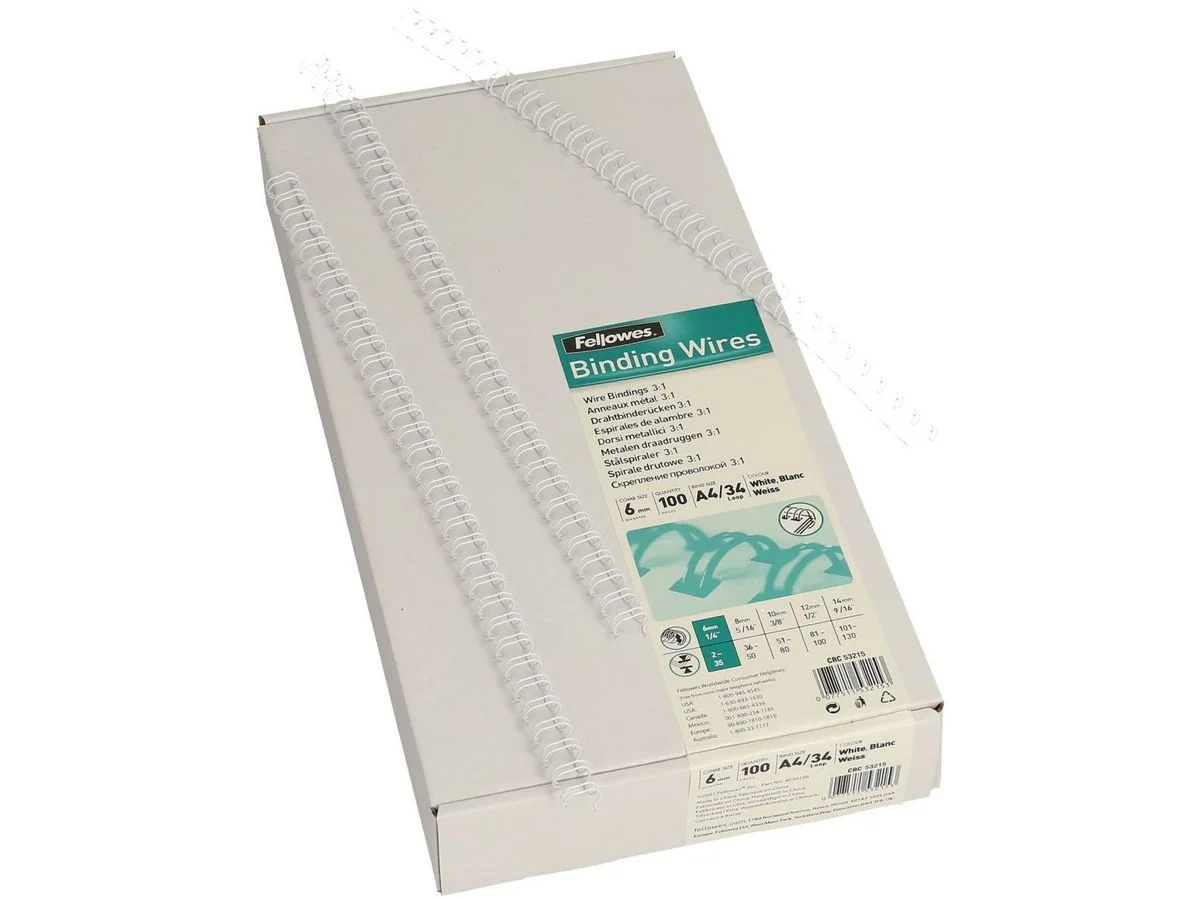 Fellowes Drahtbinderücken, DIN A4, 34 Ringe, 6 mm, weiß (EAN: 0077511532153)