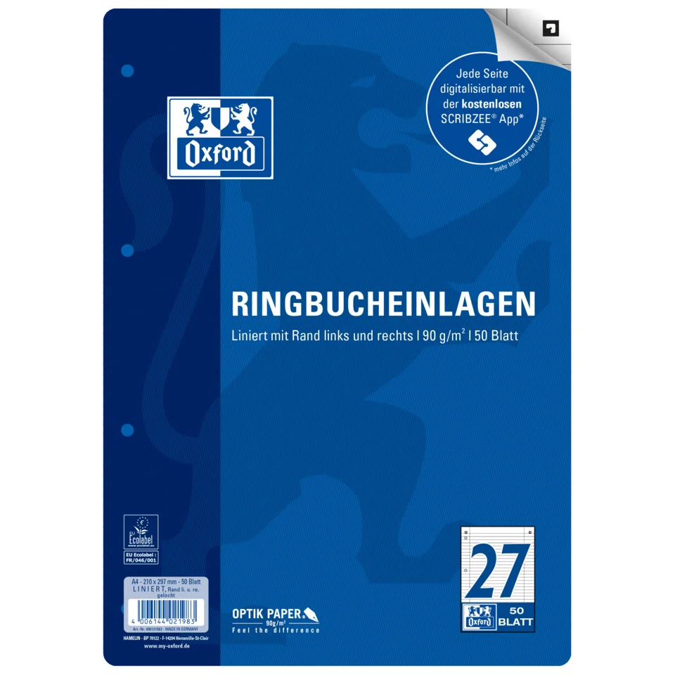 Oxford Ringbucheinlagen, DIN A4, liniert, 50 Blatt (EAN: 4006144021990)