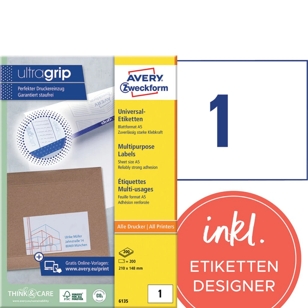 AVERY Zweckform Universal-Etiketten, 210 x 148 mm, weiß, A5 (EAN: 4004182061350)