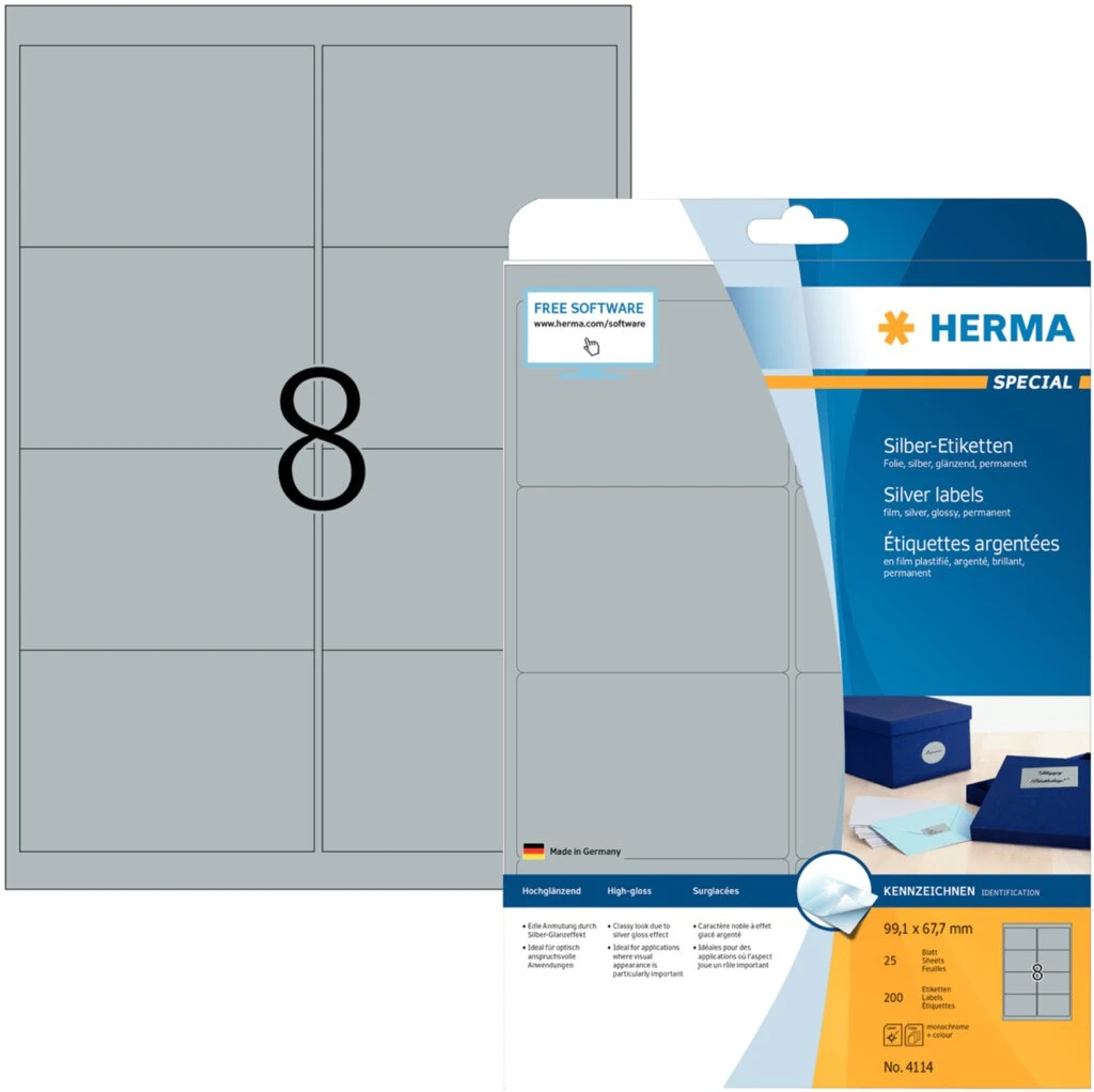 HERMA Silberfarbene Folien-Etiketten SPECIAL, 99,1 x 67,7 mm (EAN: 4008705041140)