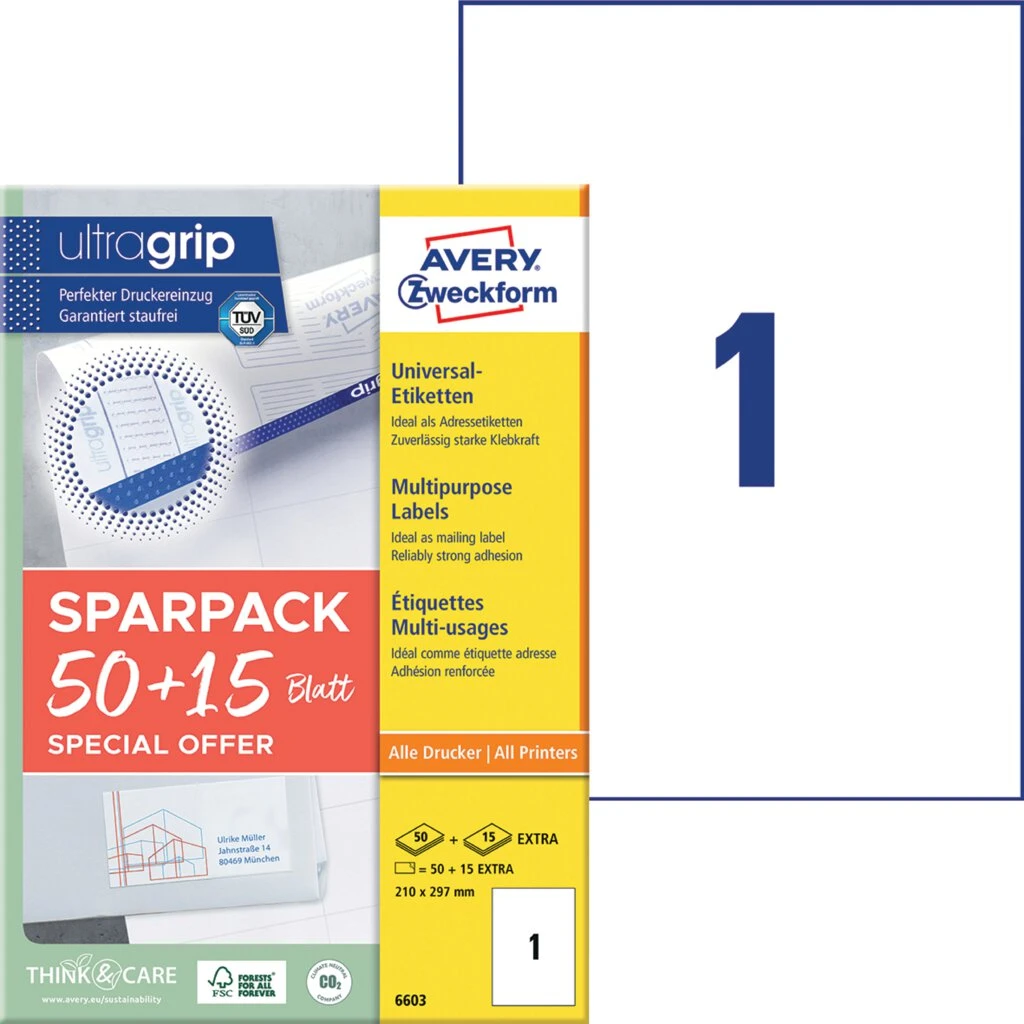 AVERY Zweckform Universal-Etiketten, 210 x 297 mm, 50+15 Bl. (EAN: 4004182066034)