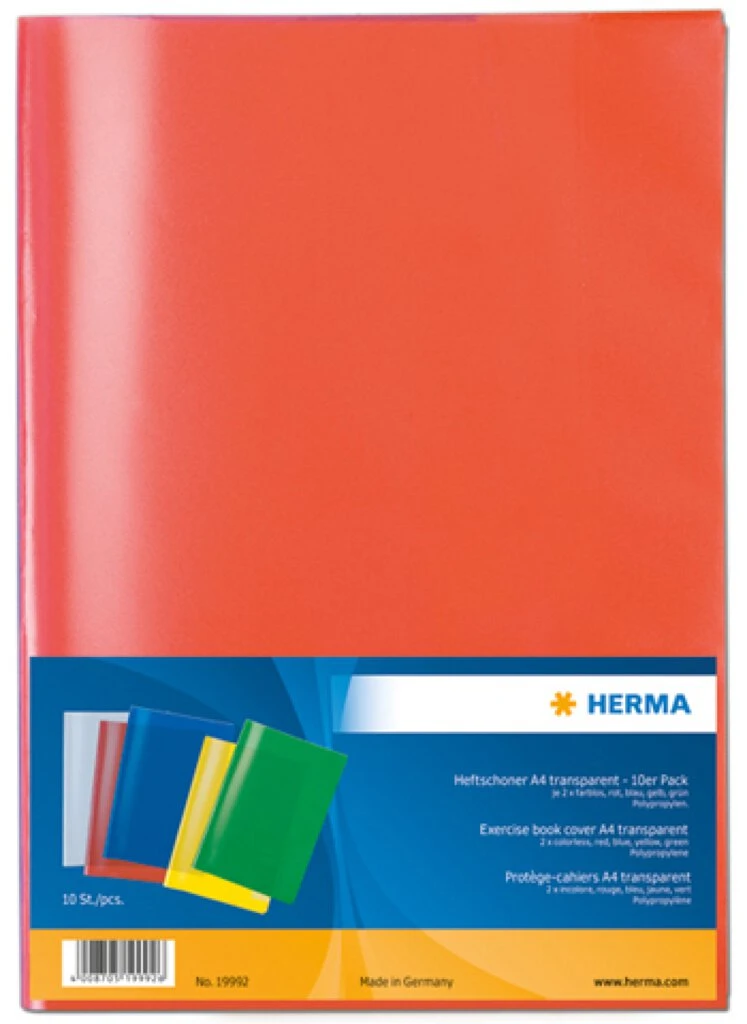 HERMA Heftschoner transparent, DIN A4, aus PP, 10er Set, farblos, gelb, rot, blau, grün (EAN: 4008705199926)