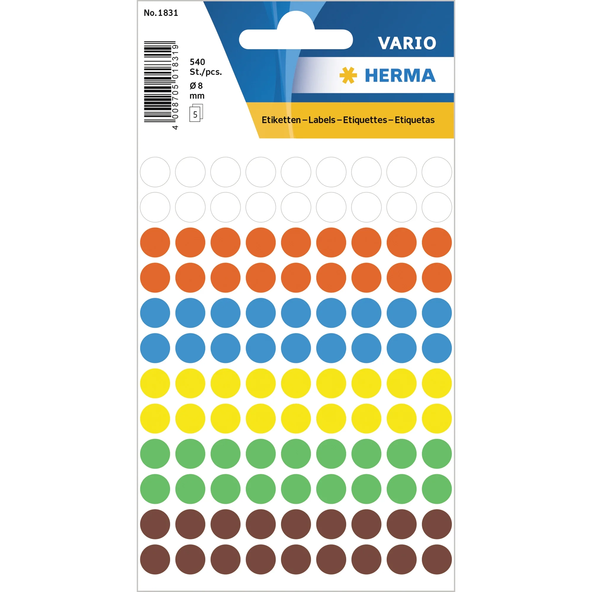 HERMA Markierungspunkte, Durchm.: 8 mm, sortiert, rund, weiß, rot, blau, gelb, grün, braun (EAN: 4008705018319)