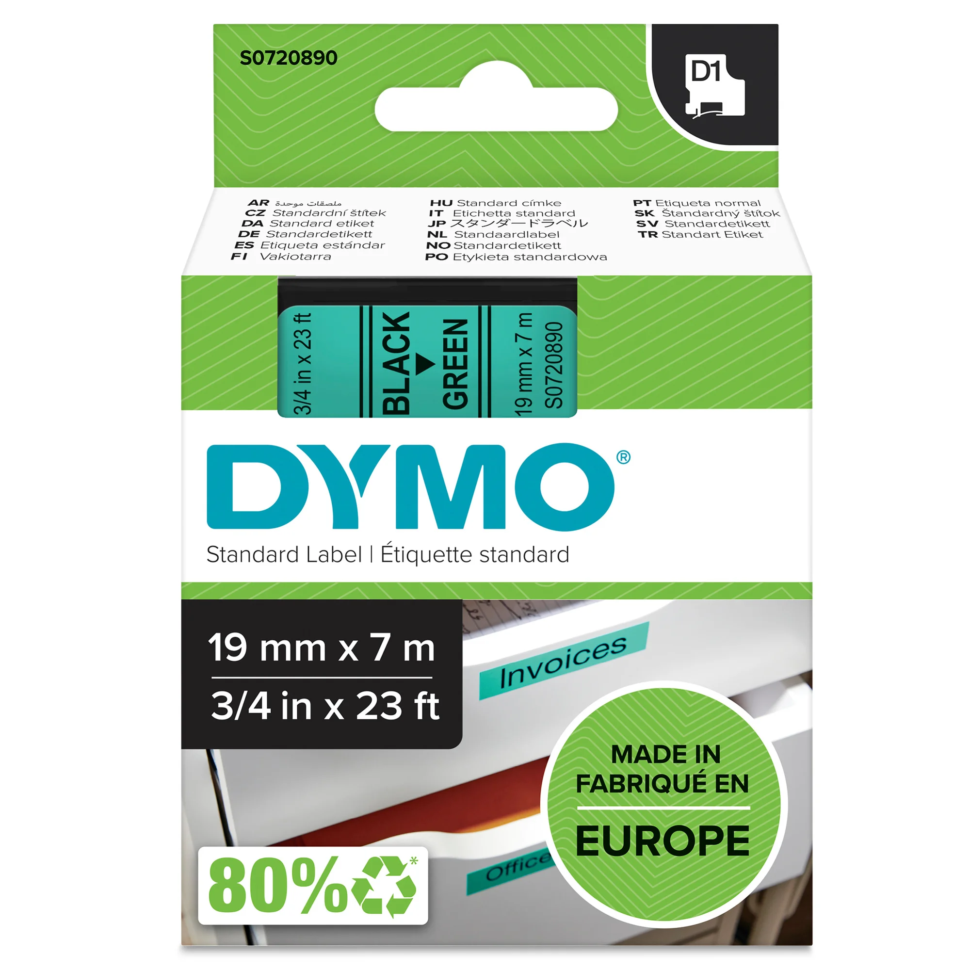 DYMO D1 Schriftbandkassette schwarz/grün, 19 mm x 7 m (EAN: 5411313452199)