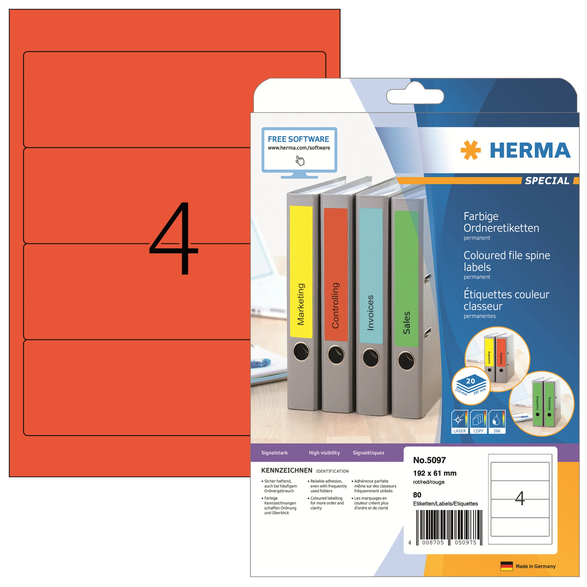 HERMA Ordnerrücken-Etiketten SPECIAL, 192 x 61 mm, rot (EAN: 4008705050975)