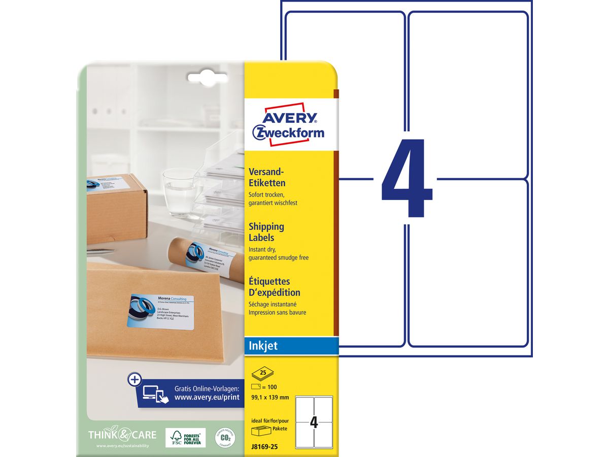 AVERY Zweckform Inkjet Versand-Etiketten, 99,1 x 139 mm (EAN: 4004182235270)