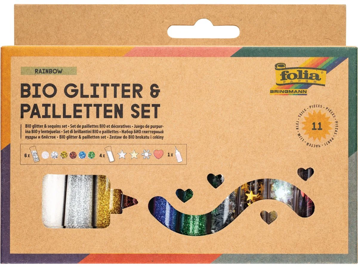 folia BIO Glitter- & Pailletten-Set Rainbow, blau, silber, weiß, gold, grün und rot (EAN: 4001868133554)