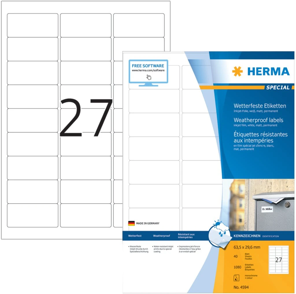 HERMA Wetterfeste Inkjet Folien-Etiketten, 63,5 x 29,6 mm (EAN: 4008705045940)