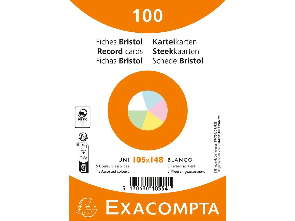 EXACOMPTA Karteikarten, DIN A6, blanko, farbig sortiert, blau, gelb, grün, rosa und weiß (EAN: 3130630105541)