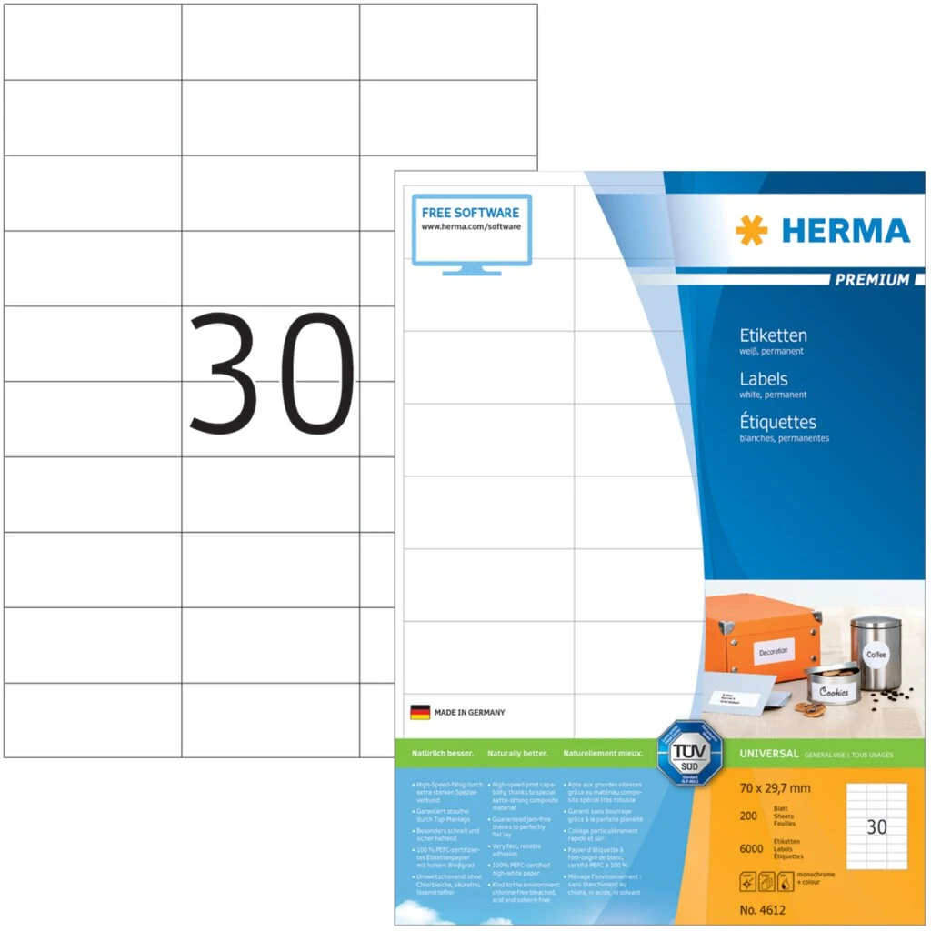 HERMA Universal-Etiketten PREMIUM, 70 x 29,7 mm, weiß (EAN: 4008705046121)