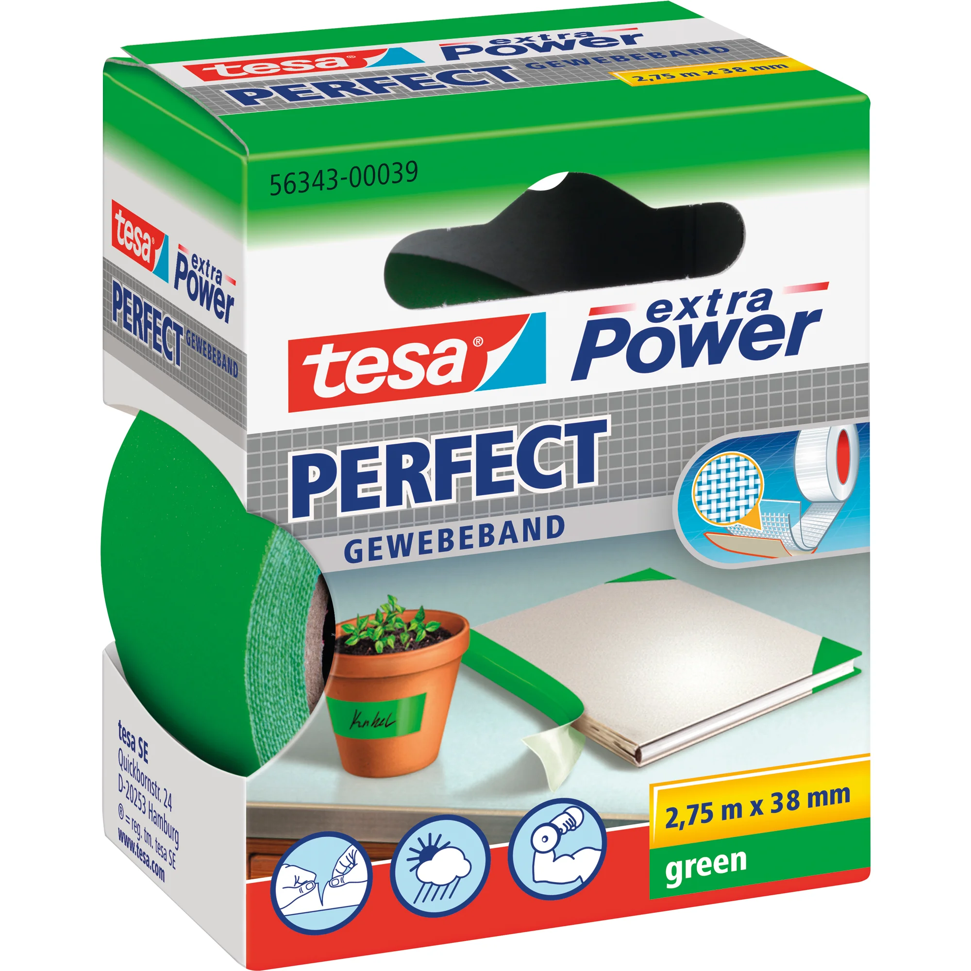 tesa Gewebeband extra Power PERFECT, 38 mm x 2,75 m, grün (EAN: 4042448044259)