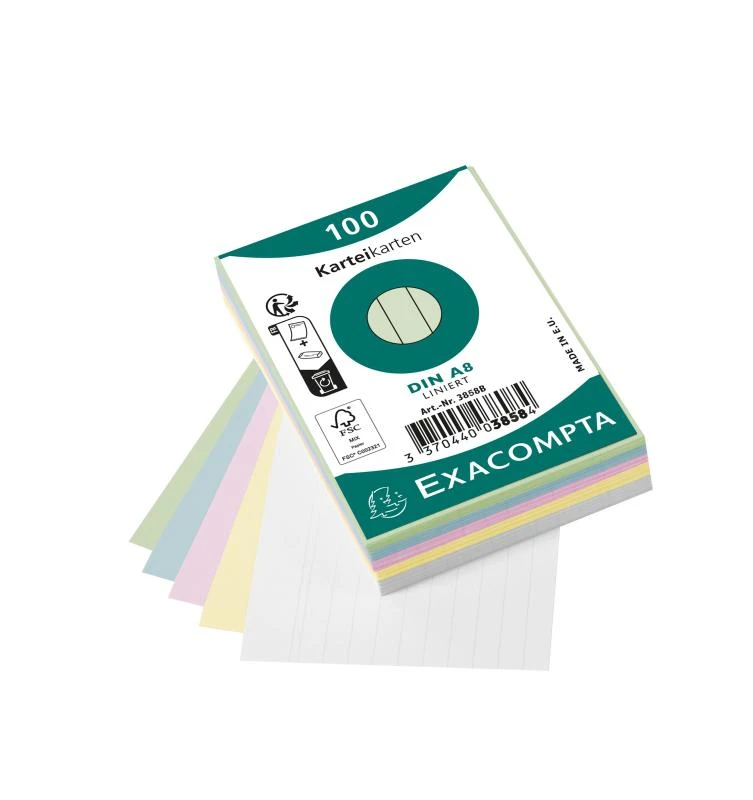 EXACOMPTA Karteikarten, DIN A8, liniert, farbig sortiert (EAN: 3130630038580)