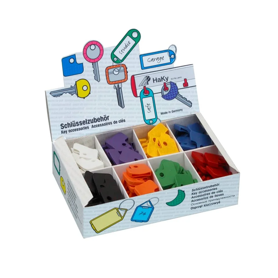WEDO Schlüsselkappen eckig, 200er Display, weiß, lila, gelb, blau, schwarz, orange, grün und rot (EAN: 4003801854748)