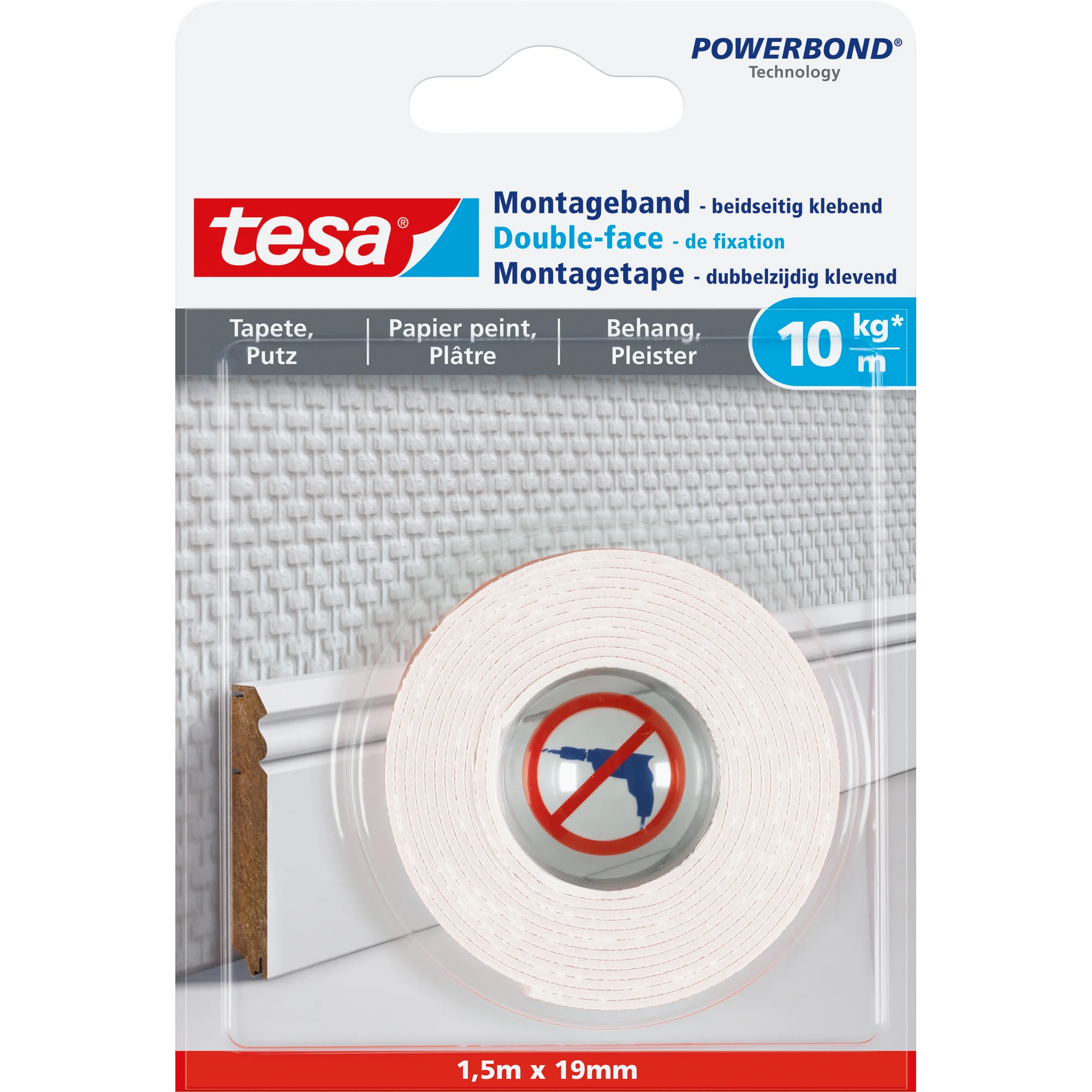 tesa Powerbond Montageband für Tapete/Putz, 19 mm x 1,5 m (EAN: 4042448340306)