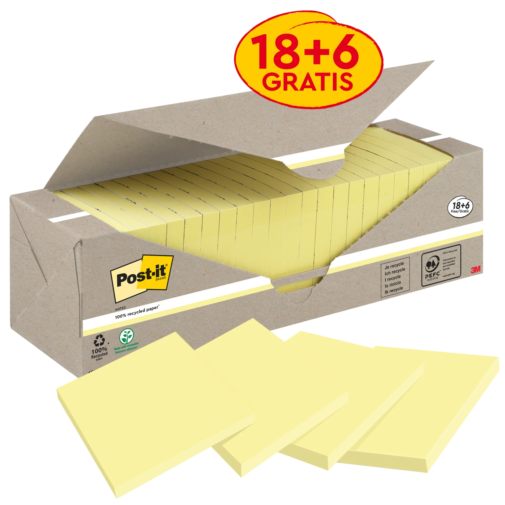 Post-it Haftnotizen Recycling Notes, 76 x 76 mm, 18+6 GRATIS (EAN: 4054596723252)