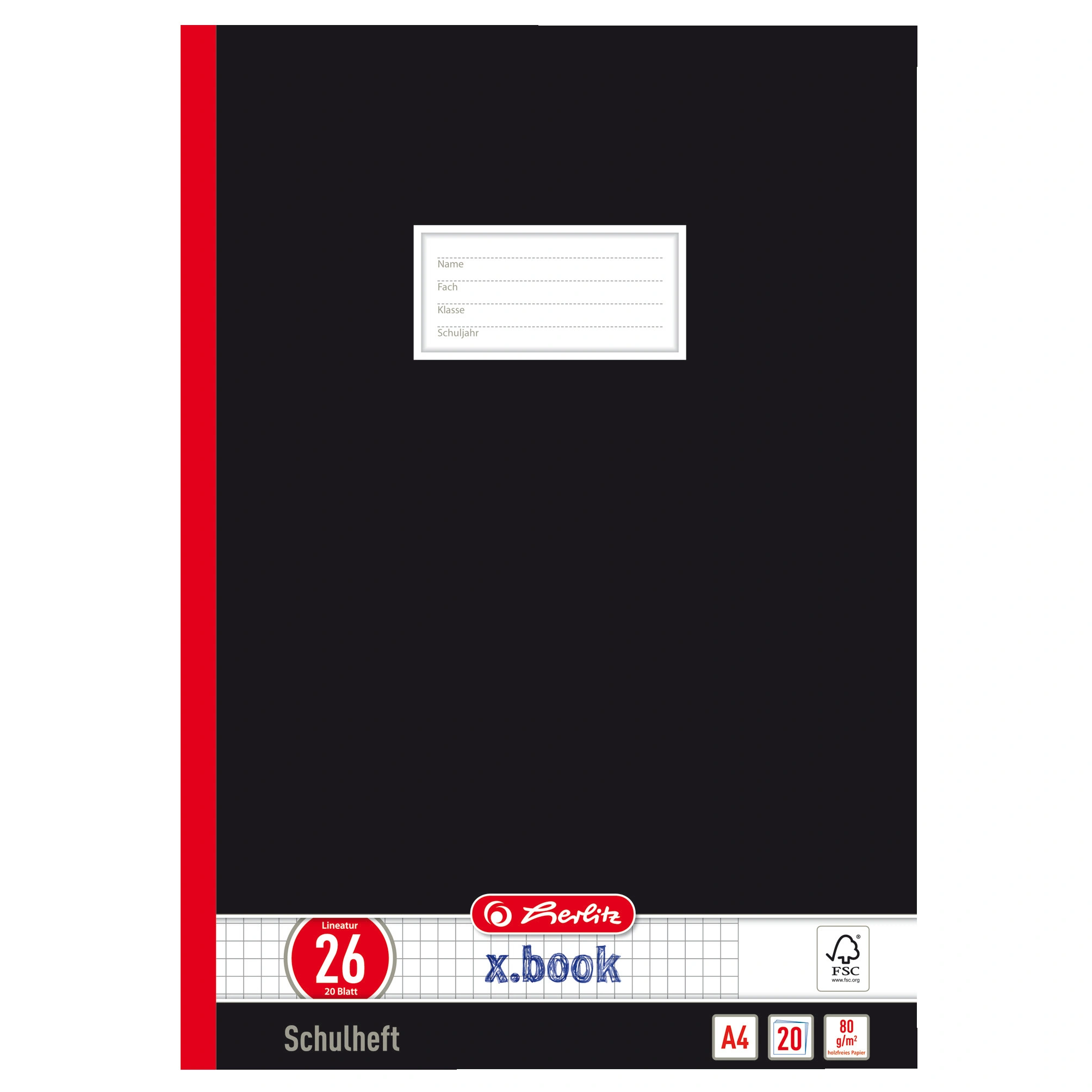 herlitz Oberschulheft x.book, DIN A4, kariert mit Rand, schwarz mit roter Falz (EAN: 4008110331225)