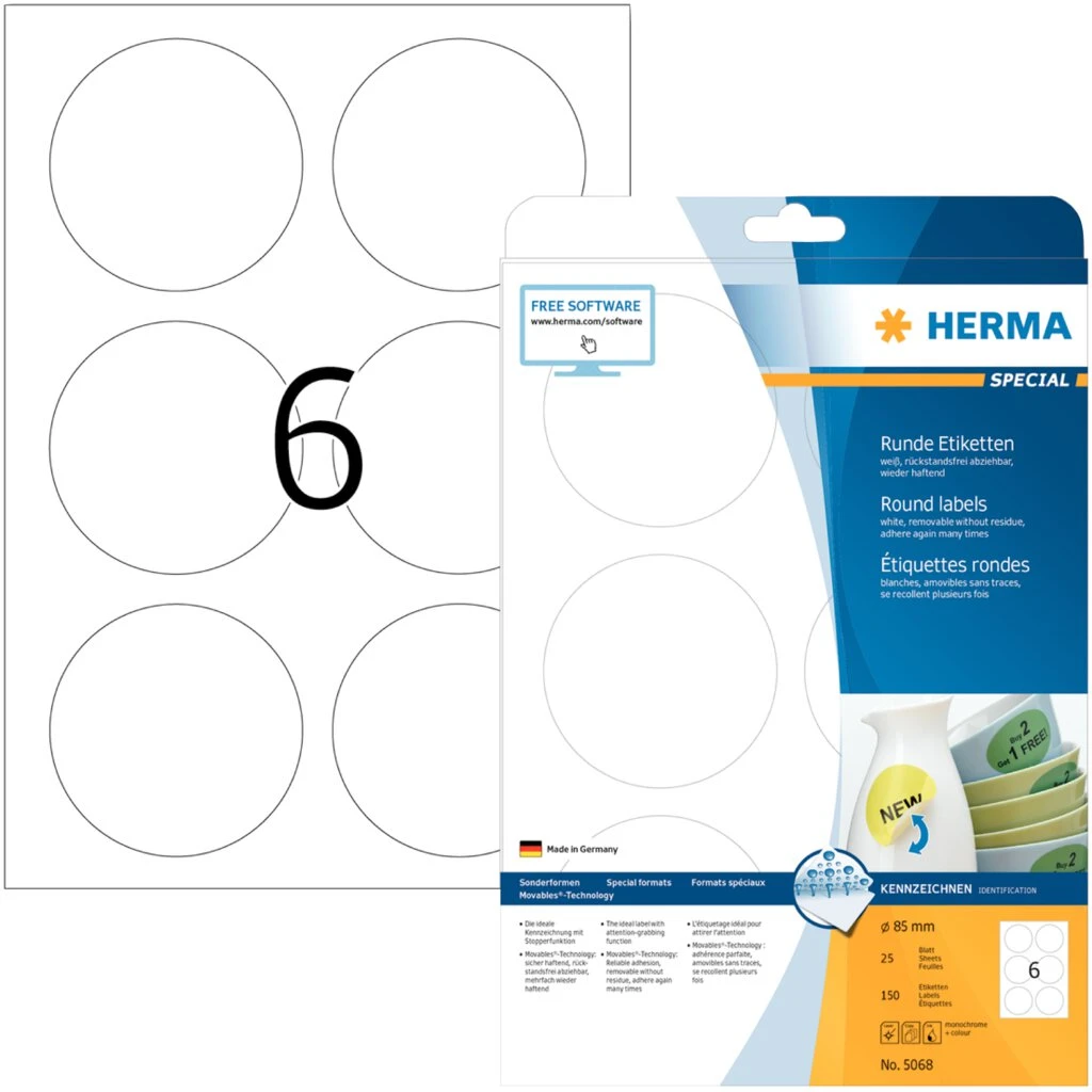 HERMA Universal-Etiketten SPECIAL, Durchmesser 85 mm, weiß (EAN: 4008705050685)