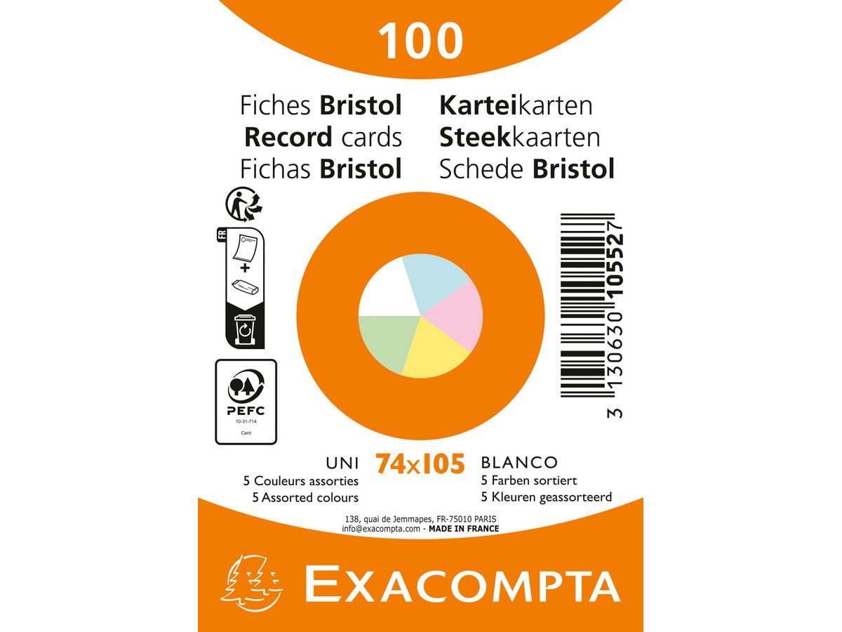 EXACOMPTA Karteikarten, DIN A7, blanko, farbig sortiert (EAN: 3130630105527)