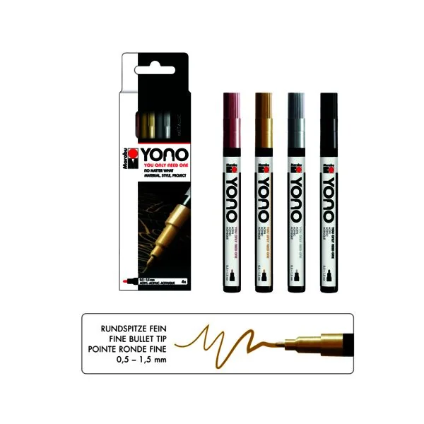 Marabu Acrylmarker "YONO", 0,5 - 1,5 mm, 4er Set METAL, roségold, gold, silber und schwarz (EAN: 4007751875280)