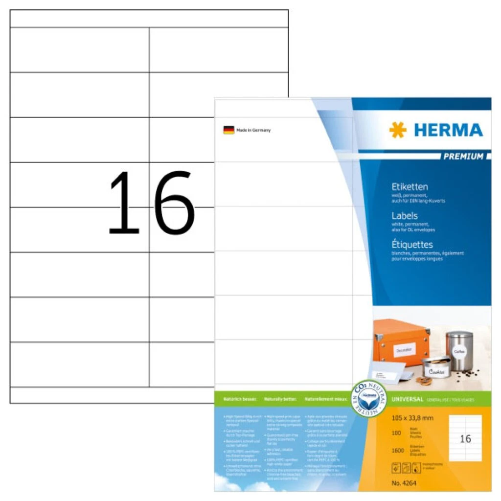 HERMA Universal-Etiketten PREMIUM, 105 x 33,8 mm, weiß (EAN: 4008705042642)
