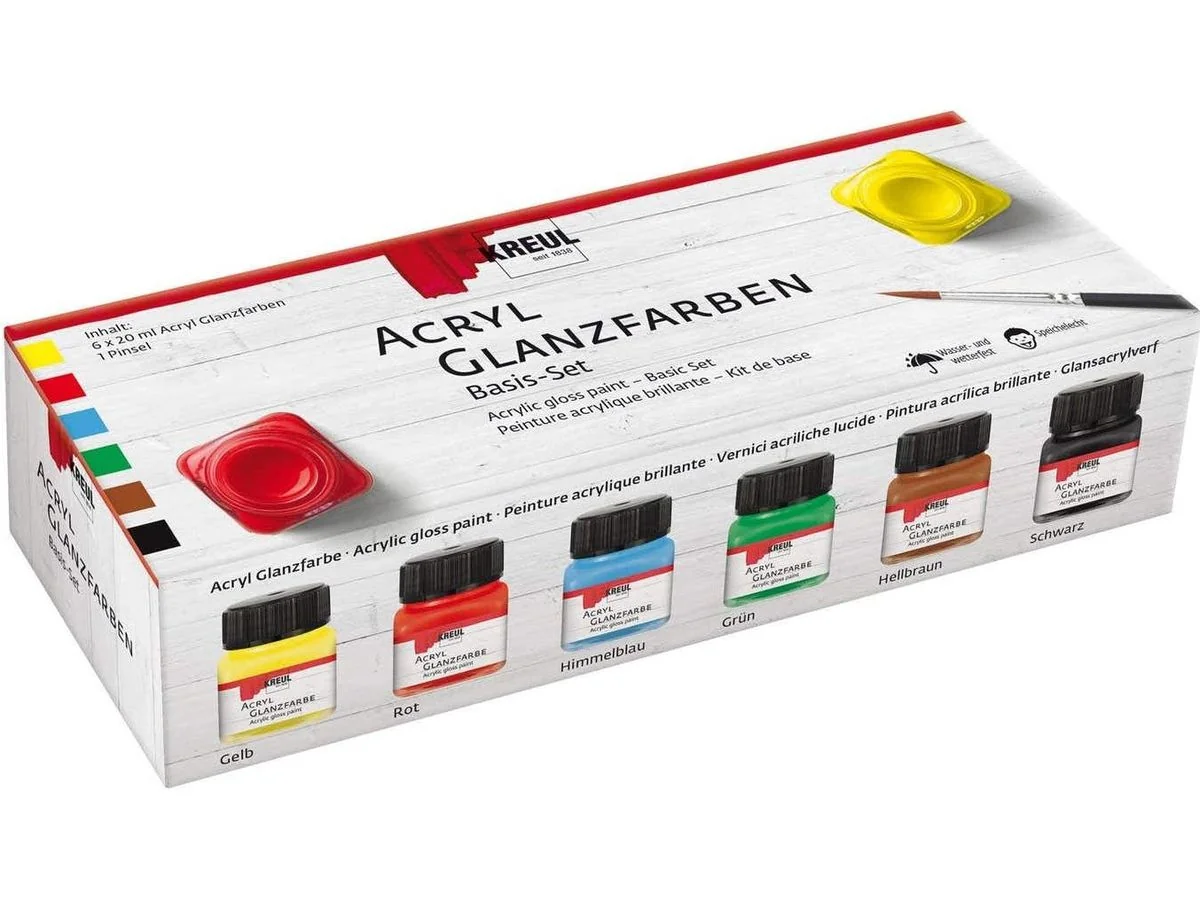 KREUL Acryl-Glanzfarbe, Basis-Set 6 x 20 ml, hellgelb, rot, zartblau grün, hellbraun, schwarz (EAN: 4000798796006)
