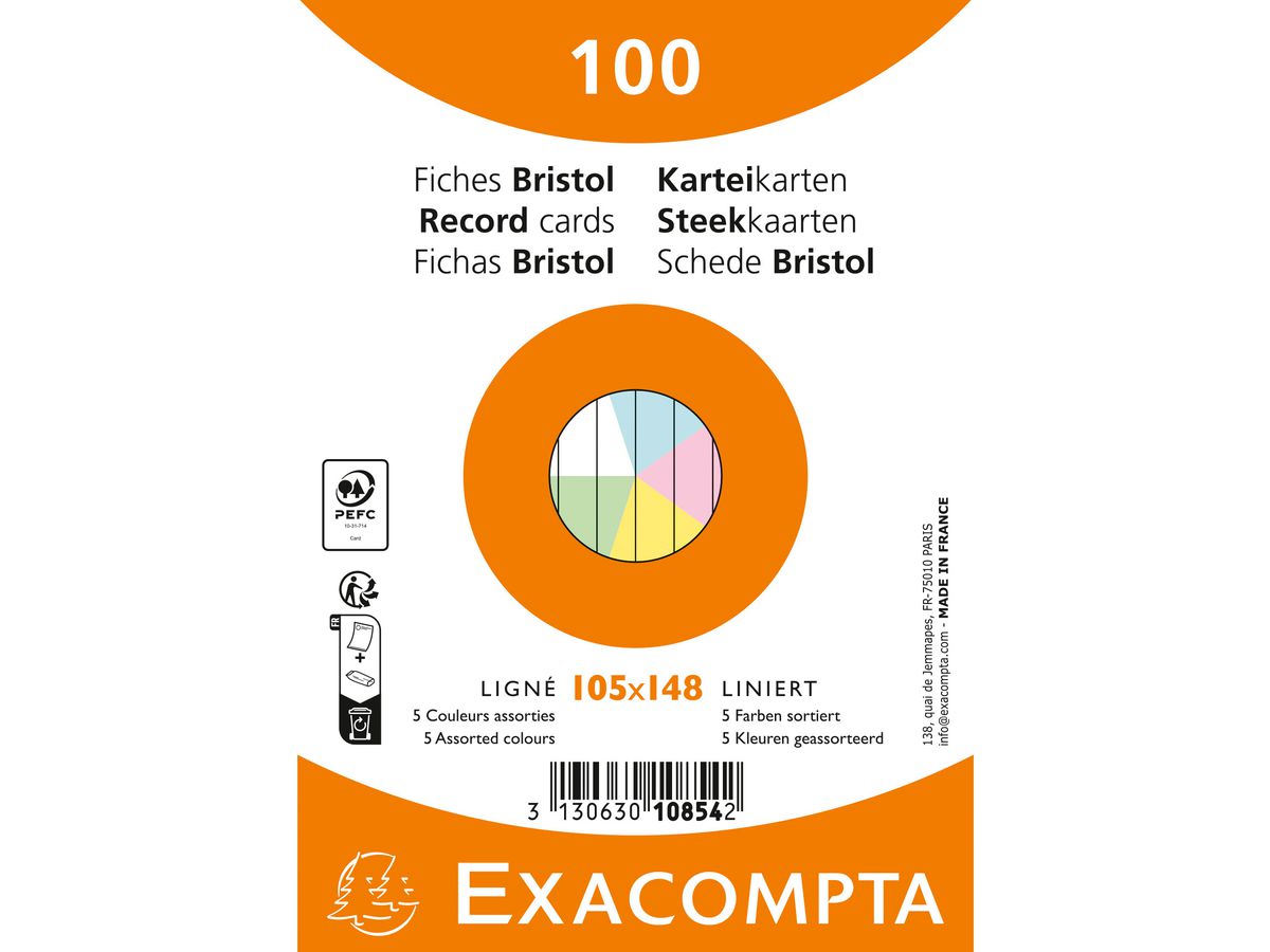 EXACOMPTA Karteikarten, DIN A6, liniert, farbig sortiert (EAN: 3130630108542)