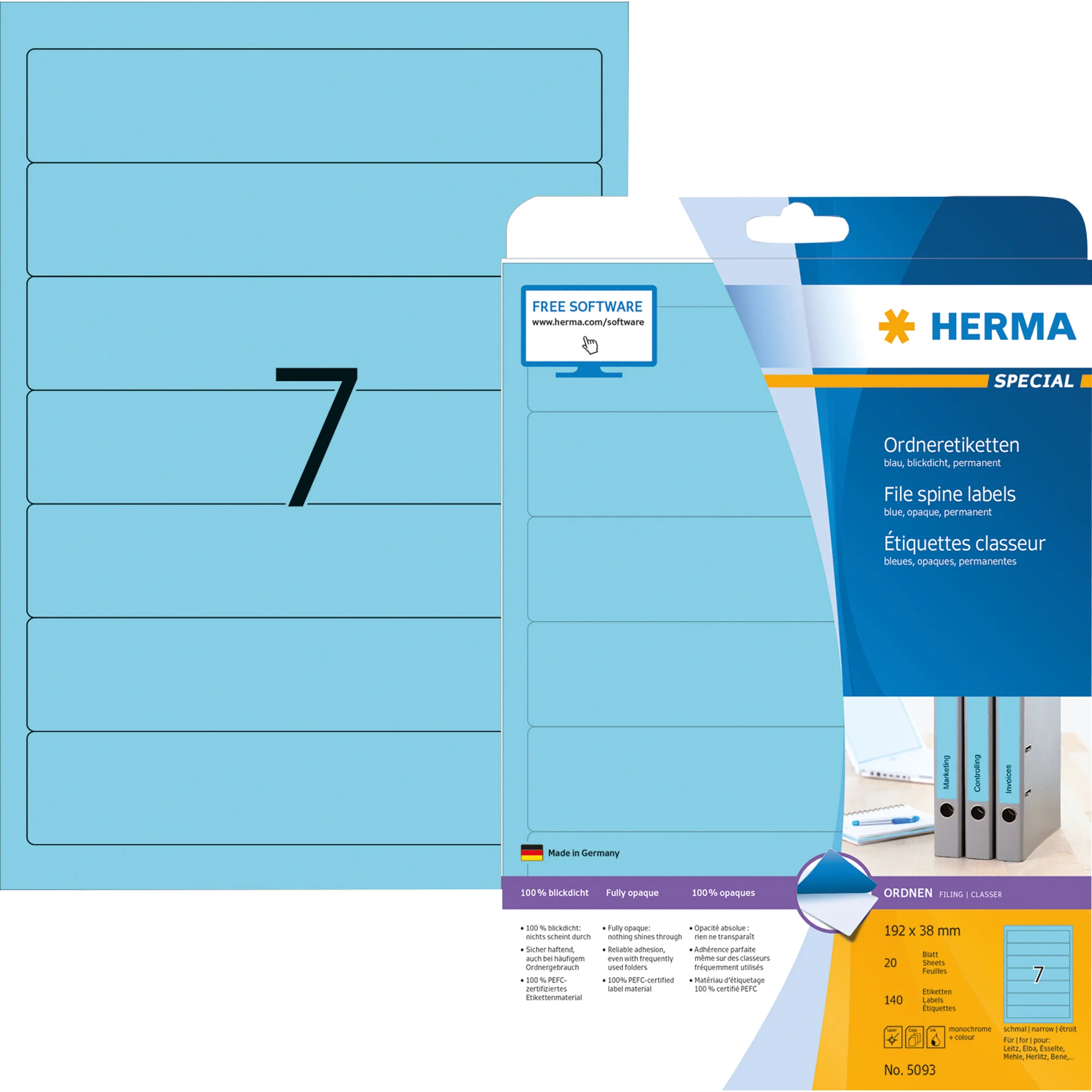HERMA Ordnerrücken-Etiketten SPECIAL, 192 x 38 mm, blau (EAN: 4008705050937)