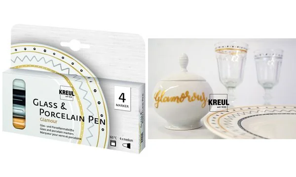 KREUL Glass & Porcelain Pen Glamour, 4er-Set, weiß, schwarz, gold und silber (EAN: 4000798121525)