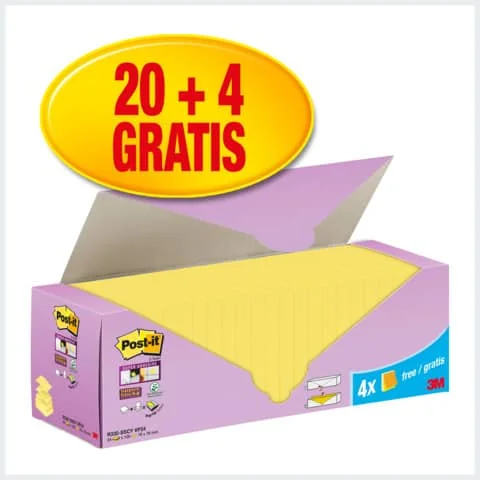 Post-it Haftnotizen super sticky notes, 76 x 76 mm, 20+4, gelb (EAN: 4054596855977)