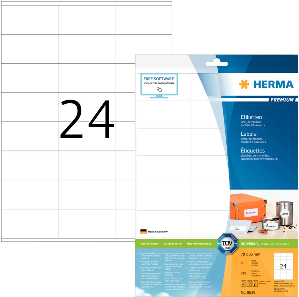 HERMA Universal-Etiketten PREMIUM, 70 x 36 mm, weiß (EAN: 4008705086387)