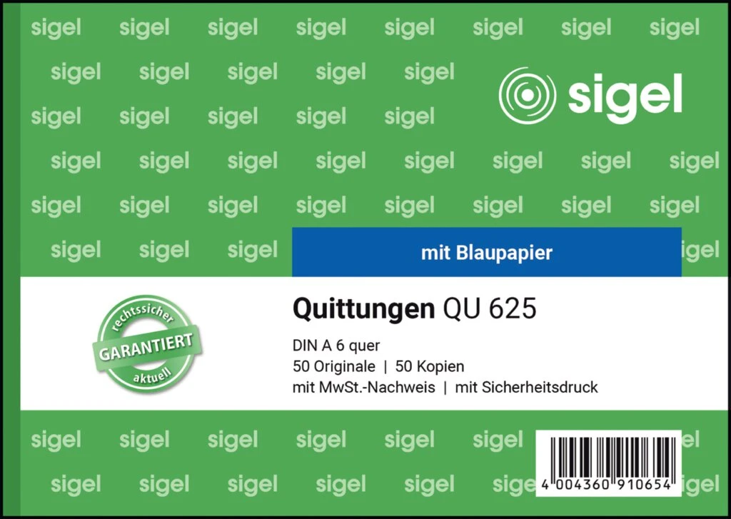 sigel Formularbuch "Quittung", mit MwSt.-Nachweis, A6 quer (EAN: 4004360910654)