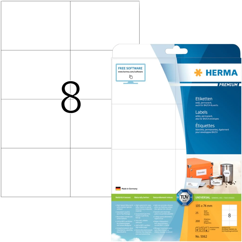 HERMA Universal-Etiketten PREMIUM, 105 x 74 mm, weiß (EAN: 4008705050623)
