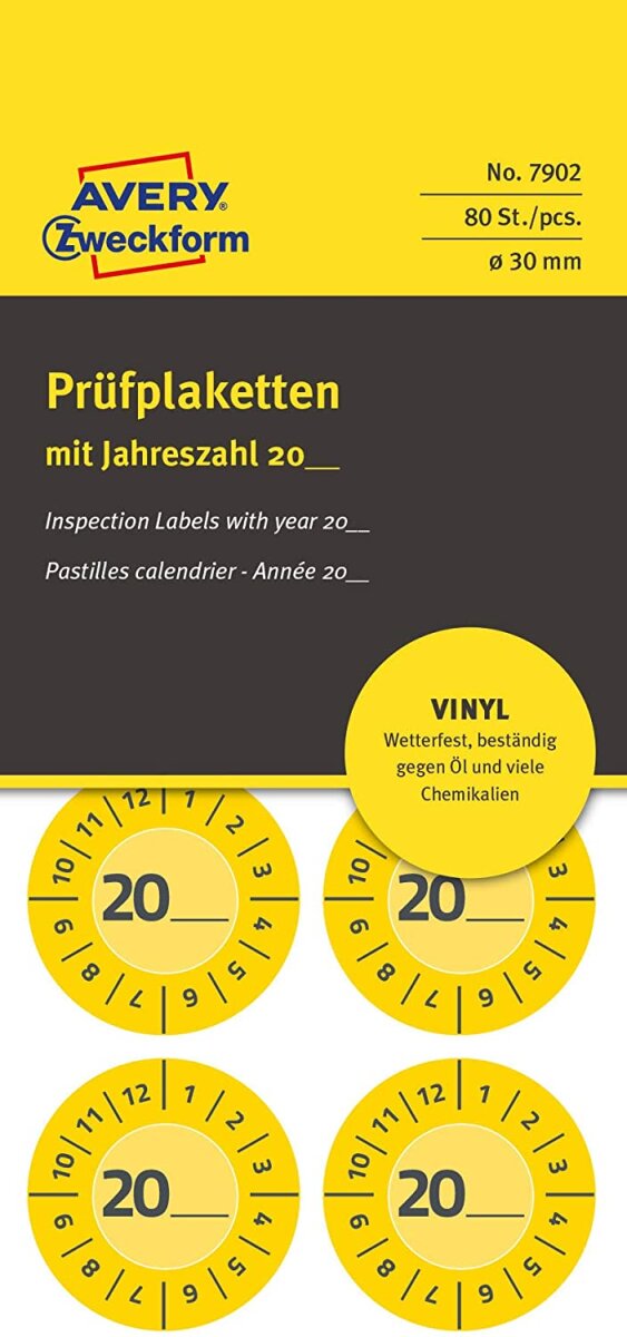 AVERY Zweckform Prüfplaketten zum Selbsteintragen 20XX, gelb (EAN: 4004182079027)