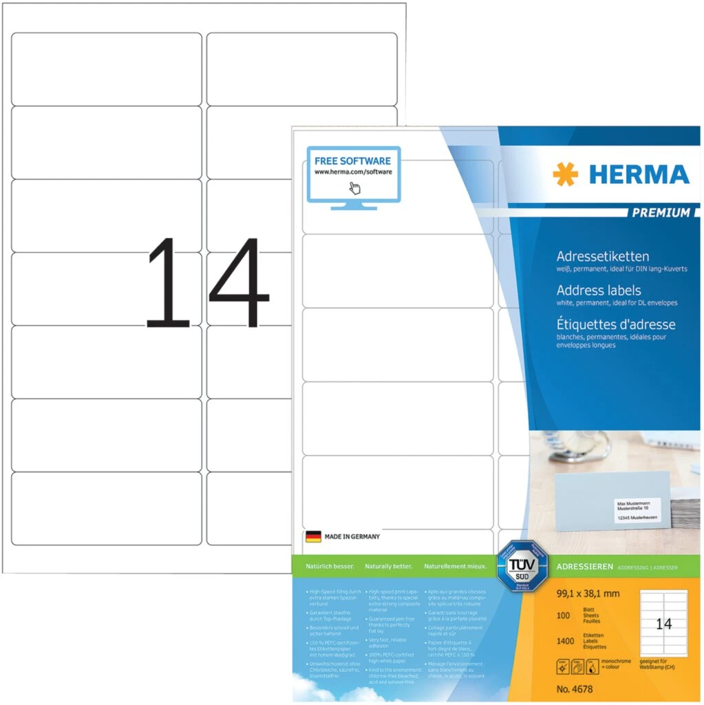 HERMA Universal-Etiketten PREMIUM, 99,1 x 38,1 mm, weiß (EAN: 4008705046787)