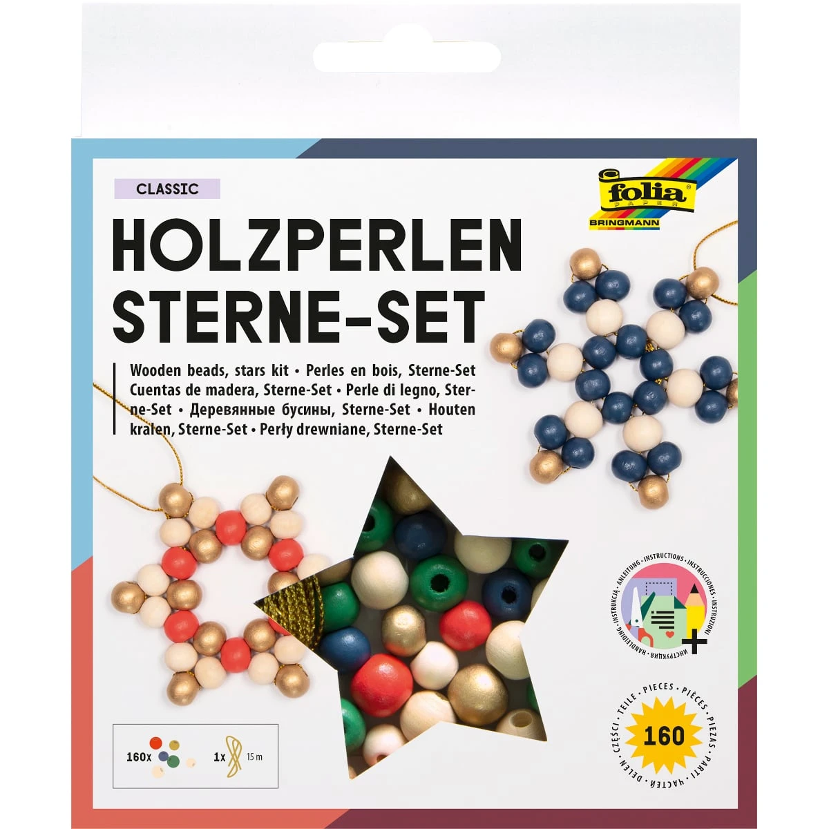 folia Holzperlen Sterne-Set CLASSIC, 161-teilig, farbig sortiert (EAN: 4001868124705)